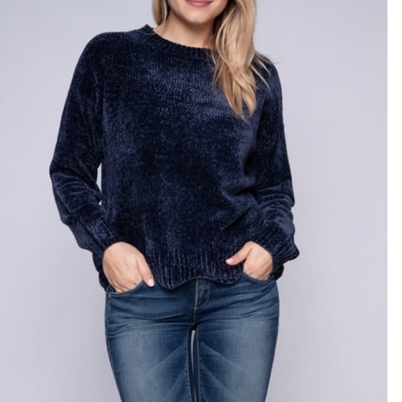 NAVY BLUE SOFT COZY YARM CREW NECK SWEATER TOP - Picture 3 of 6